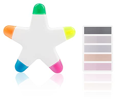 TIANNAIT 1 Stück fünfzackiger sternförmiger Textmarker, Marker, fünfin-einem, mehrfarbiger Textmarker, geeignet für Kinder und Erwachsene, Schule, Büro, Arbeit, mit 1 Packung Index-Etikettenaufklebern