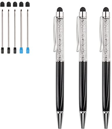 2 in 1 Bling Crystal Diamond Pen 3 Pieces Capacitive Touch Screen Stylus with Replacement Refills Black Blue Ink Rubber Tips for iPhone iPad Kindle Touchscreen Devices (Black)