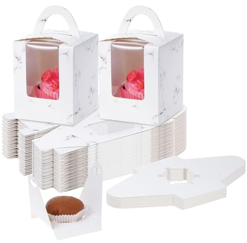 TsunNee Individuelle Cupcake-Boxen mit Griffen, Papier Bäckerei Boxen mit Fenster, Gebäck-Boxen für Weihnachten, Baby-Dusche, Hochzeit, Party (Grauer Marmor, 9 x 9 x 11 cm)
