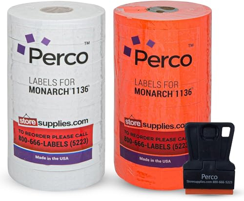 Weiße & rote Preisschilder für Monarch 1136 Preisauszeichner - Eine weiße und eine rote Hülle - 2 Hüllen, 16 Rollen Kombipack - 28.000 Preismarkierungsetiketten - mit Etikettenschaber & Tintenrollen
