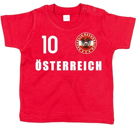 daged T-Shirt Baby Österreich Trikot Look EM WM Emblem Personalisieren Name & Nummer FH (DE/NL/SE/PL, Alter, 6 Monate, Rot)