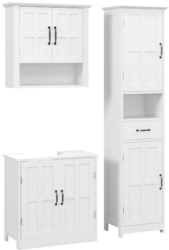 kleankin Conjunto de Baño con Columna y Armario de Pared Moderno Blanco | 1 Mueble para Debajo del Lavabo, Estante Ajustable, Incluye 1 Columna de Baño y 1 Armario de Pared