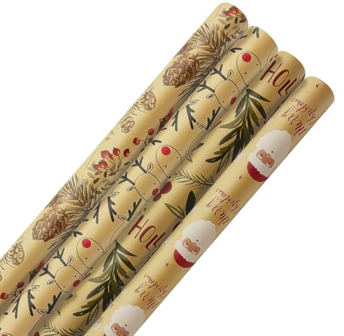 4 Rouleaux de Papier Cadeau Kraft de Noël, 43 cm x 3 m, Recyclable, Imprimé Avec Père Noël et Élan pour Anniversaire, Décoration de Cadeau de Fête