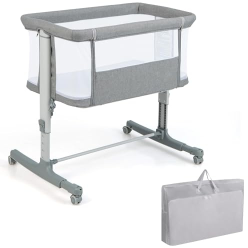 COSTWAY 3-i-1 sidosäng, resesäng baby med madrass, babyvagga och barnsäng, justerbar i 5 steg, sittvagn med bärväska kan belastas upp till 9 kg (ljusgrå)