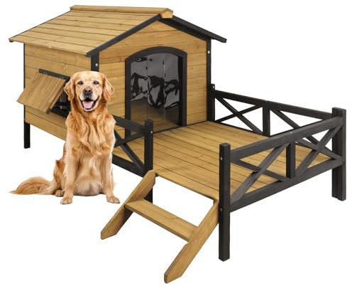 Large Outdoor Dog House, 67 L × 43.3''W × 32.7''H Extreme Outback Log Cabin Dog Kennel with Elevated Floor and Porch, Weatherproof Wooden Dog Houses Pet Puppy Shelter for Small to Large Dogs
