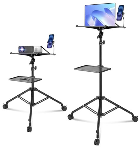 VEVOR Projektorständer mit Rädern Laptopständer-Stativ, höhenverstellbar von 795 bis 1710 mm, Projektor-Stativständer mit 2 Ablagen & Schwanenhals-Telefonhalterung, im Freien/Büro/Studio, zu Hause