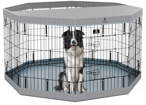 PJYuCien Dog Playpen with Top Cover and Bottom Pad - Metal Foldable Exercise Pen, 8 Panels 30 H x 24 W Indoor Outdoor Pet Fence Puppy Crate Kennel, Gray