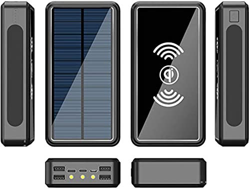 Chargeur Solaire Portable Power Bank 10 W Chargeur Solaire sans Fil Charge Rapide Batterie Externe Portable 4 Sorties (USB) Lampe de Poche LED Étanche, Noir, 80000 mAh