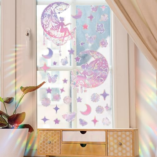 Fufuquare Rosa Cartoon Fee Mond Stern Statische Haftung Aufkleber Entfernbare Elektrostatische Fenster Aufkleber für Mädchen Schlafzimmer Wohnzimmer