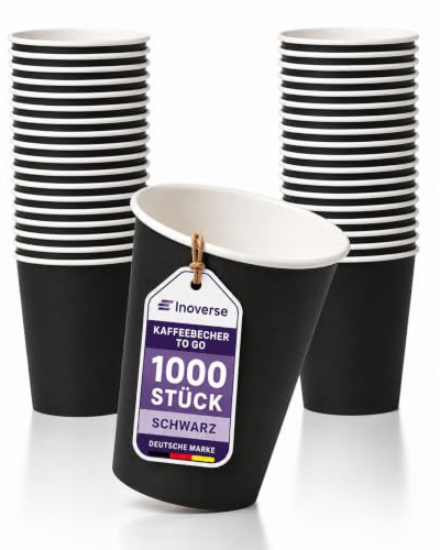 Inoverse Pappbecher 200 ml, 1000 Stück, Schwarz, Kaffeebecher to Go | 8 oz Papierbecher, Einwegbecher, Trinkbecher, Tee, Kaffee und weitere heiße oder kalte Getränke, für Büro, Catering und Kiosk