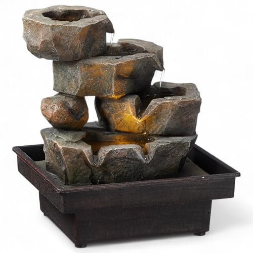 MIJOMA LED Zimmerbrunnen – dekorativer Indoor Tischbrunnen mit Licht & leiser Pumpe – aus Polyresin – Entspannung für Wohnzimmer, Büro & Meditation (Nature Flow)