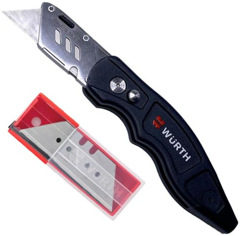 WÜRTH Profi Trapez Klingenmesser + 10 zusätzlichen Trapezklingen mit 1/4 Zoll Bithalter Teppichmesser 071566515