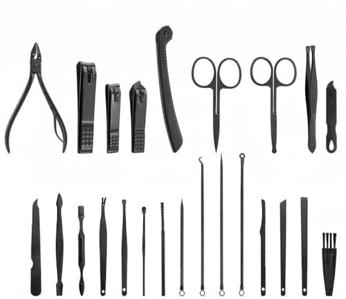 SSyang 24 Piezas Set Manicura, Set de Manicura y Pedicura, Kit Uñas, Kit Cortauñas, Acero Inoxidable, Pinzas para Uñas, Tijeras, Pinzas, Fácil de llevar, para manos, Cara, Pies, Orejas