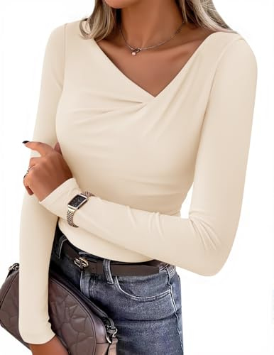 ZESICA Women's Long Sleeve Asymmetrical Neck Ruched Slim Fit Shirts 2026 Fall Fashion Business Casual Tops, Apricot, L