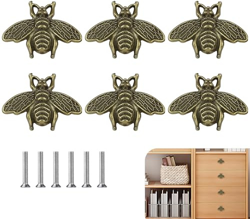 6PCS Vintage Bee Cabinet Handles Decorative Drawer Knobs and Kitchen Cupboard Handles, Animal-Shaped Design, Cabinet Knobs with Bee Motif, Suitable for Wardrobes, Cabinets and Drawers (Small Size)