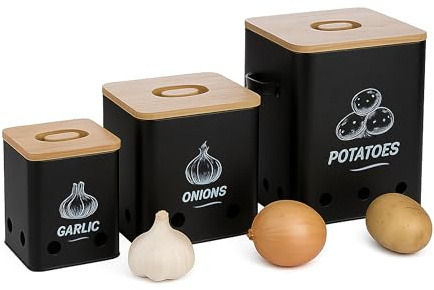 Boîte de Conservation Relaxdays pour Pommes de Terre, oignons et ail, 3 pièces, métal, Couvercle en Bambou, Noir/Nature