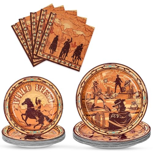 WERNNSAI Western Party Decorations 48 PCS Cowboy Plates and Napkins | First Rodeo Birthday Supplies,Wild West Themed Tableware for Kids Boys Birthday Bachelorette Party Decor,Serves 16 Guests