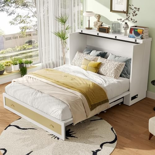 Bladez Mobiles Schrankbett 140x200 cm mit Schubladen & Regal - Plattformbett mit USB & Steckdose, schrankbett, Murphy Bed，White, Ohne Matratze (White + MDF, 140x200cm)