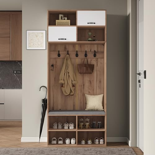 ModernLuxe Garderobenset Flurgarderobe Komplett-Set 80×185×35 cm – Multifunktionale Garderobe mit Sitzbank, 5 Haken, 2 Türen, 6 Offene Lagerfächer, Naturholzfarbe & Weiß