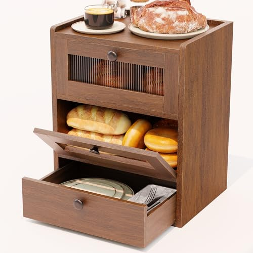 deepredcoast Bread Box for Kitchen Countertop, 3 Layer Farmhouse Countertop Bread Storage with Magnetic Closure Window Bread Storage Container Bin for Kitchen, Pantry (Brown)