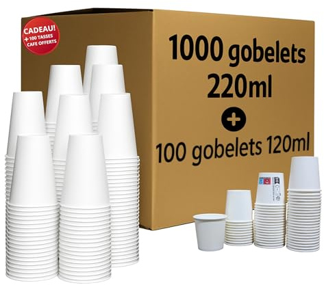 Very Wood Compagny 1000 Gobelets jetables + 100 Gobelets cafe offert, en papier carton pour boissons chaudes et froides, 220 ml, de qualité supérieure pour le café, le café latté, le macchiato.