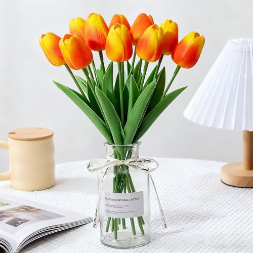 Probuk 20 Tulipanes Artificiales Naranjas - Ramo de Calidez, Energía y Alegría, Flores Decorativas para Mesa, Oficina, Boda, Fiesta & Ventanas de Hotel
