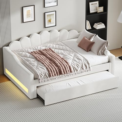 NNJN Cama de día acolchada con cinturón LED y cama nido de 140 x 200 cm (beige)