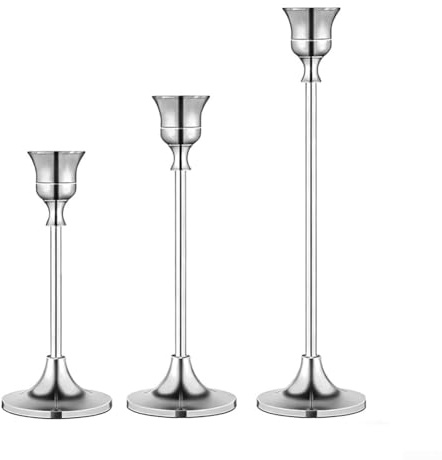 Juego de 3 candelabros vintage de latón con forma de cono para decoración de mesa del hogar y centros de mesa de eventos, compatible con varias velas (plateado)