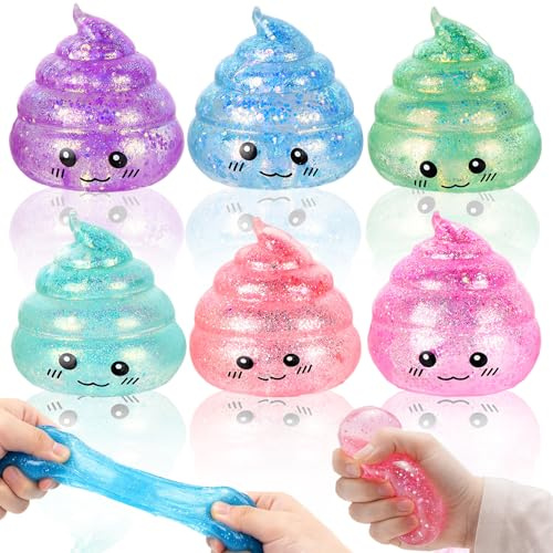 KORVANO 6 Stück Kotform Antistressball Stressball, Kotform Squishy mit Pailletten Zum Konzentrieren & Stressabbau, Squishball Spielzeug, Sensory Spielzeug Für Kinder & Erwachsene, Büro Dekoratio