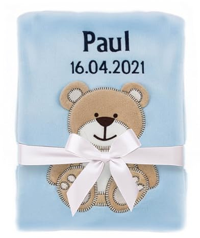 cozy racoon Babydecke Bestickt mit Namen und Geburtsdatum | Weiche Kuscheldecke für Baby Mädchen I Personalisiertes Geschenk zur Geburt oder als Erstausstattung I Hellblau mit Bär