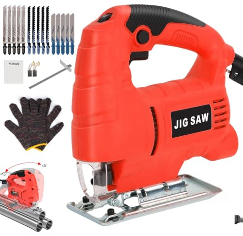 Uadme Elektrisk 6-växlad sticksåg, 710 W 45° lutande bågfil med 15 blad, multifunktionell manuell såg för trä, metall, plast, breddad basplatta, 1,8 m strömkabel