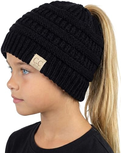 Funky Junque Toddler Girl Ponytail Beanie – Girls Winter Hat, Messy Bun Pony Tail Beanies Ages 2–7, Warm Knit Cap Stretch Fit - Black