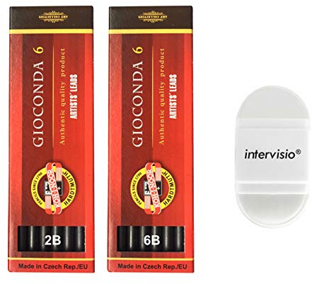 Koh-I-Noor Graphitminen 5,6 mm Härtegrad 2B und 6B für Druckbleistift, Gioconda Artist Mine, Länge 120 mm, 2 Stück Etui + Intervisio Anspitzer/Radiergummi – Bundle