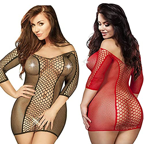 LOVELYBOBO 2 Pack Damen Lingerie Reizvoll Babydoll Negligee Fishnet Hollow Out Minikleid Dress Club Nachtwäsche Dessous Erotik Übergröße (schwarz+rot)