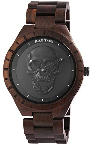 Raptor Montre pour homme en bois de santal, tête de mort, aiguilles lumineuses, affichage analogique à quartz RA20300, Bois de santal/noir, Bracelet
