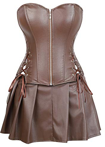 Grebrafan Corset Cuero Corsé Mini Falda Conjunto Gotico (EUR(38-40) XL, Marrón)