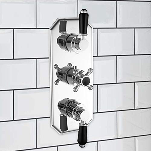 ENKI, Regent, TSV033, Black Chrome Triple Concealed Thermostatic Mixer Tap Shower Outle Valve for Bathrooms, Traditional Victorian Style