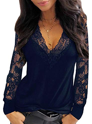 Onsoyours Hauts Femme Mode Col en V Blouse Dentelle Manches Longues T-Shirts Basique Couleur Unie Shirt Élégant Tops Lâche Mousseline Chemise A Bleu Foncé S