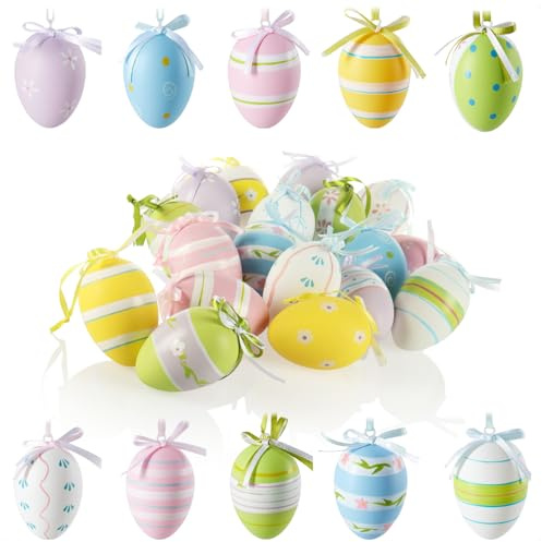 COM-FOUR® 18x Ganci decorativi pasquali - uova di Pasqua in plastica da appendere - uova di Pasqua colorate per il bouquet pasquale con un motivo