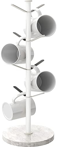 Gypie Marble Mug Tree Stand, 8 Hooks Coffee Cup Holder Storage Rack, Weighted Marble Base Stable Mug Holders for Kitchen Counter Cabinet Cafe (White)