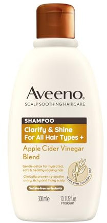 Aveeno Scalp Soothing Haircare Clarify & Shine Shampoo, Apple Cider Vinegar Blend, for All Hair Types, Soothes Dry, Itchy & Flaky Scalp, Clinically Proven, Sulfate Free, 300ml