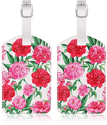 AUERVO 2 Pack Luggage Tags, Leather Baggage Labels Suitcase ID Labels Business Card Holder/Travel ID Bag Tag (Peony)