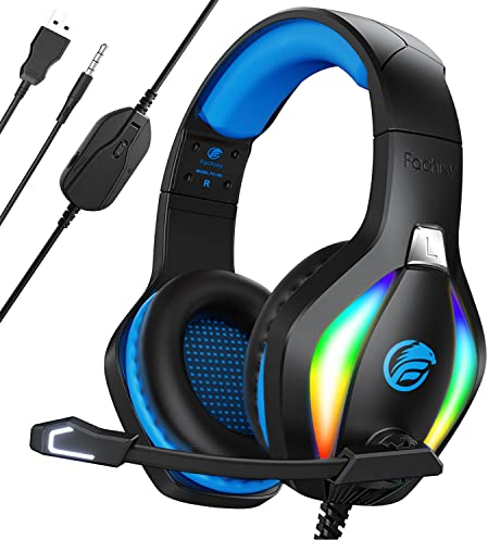 Fachixy FC100 Gaming Headset für PS4, PS5, PC, Xbox, Nintendo Switch, Gaming Kopfhörer mit Kabel und RGB Licht, Stereo Surround Kopfhörer mit Mikrofon, Noise Cancelling Gamer Headphones - BLAU