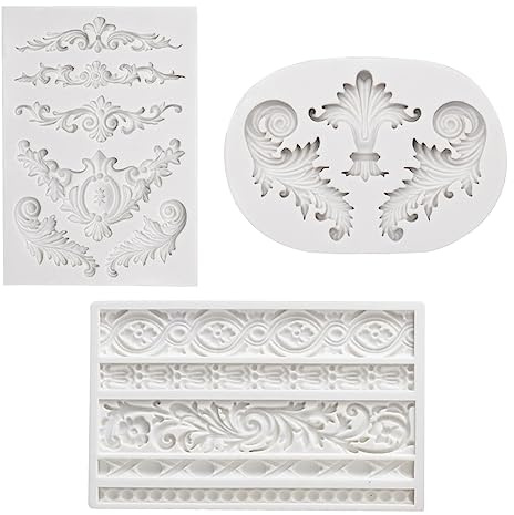 Lowats Fondant Silikonform 3 Stück Retro Relief Silikon Fondant Kuchen Dekorier Form Barock Fondant Formen Silikon 3D Barock Vintage Silikonform Fondant Blumenrebe Fondant Form Schnörkel Scroll Mould