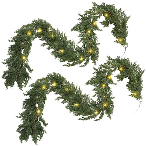 Jutom 2 Pack LED Christmas Cedar Garland Artificial Pine Cypress Vines with Light Christmas Garland with Lights for Christmas Table Mantle Background Wall Room Outdoor Indoor Winter Decoration (9 ft)
