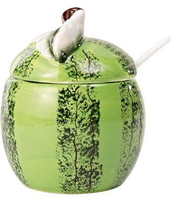 KNBG Azucarero de cerámica con forma de fruta, tarro de almacenamiento de sal y pimienta con tapa y cuchara, caja de condimentos (sandía-1)