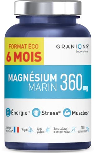 GRANIONS - Magnesium Marin 360 mg - FORMAT 6 MOIS - Fabriqué en France - Magnésium + Vitamine B6 - Anti Stress - Magnésium Marin de Haute Qualité - 180 Comprimés de Magnesium