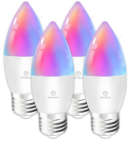 ANTELA Alexa Glühbirne E27 C37 4,9W 470LM Smart Kerzen WLAN LED RGB | Dimmbar Birne Lampe App Steuerung, Kompatibel mit Google Home, Warmweiß 2700K & Kaltweiß 6500K, 4 Stück