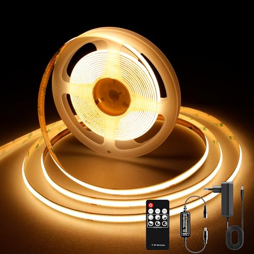 AXMOTUT Striscia LED COB 2 metri 24V, Striscia LED Bianco caldo 2700K, 320LEDs/m, Larghezza 8mm, CRI90+, con Alimentatore, Telecomando RF, LED Striscia per Cucina, Soggiorno, Feste, Bar