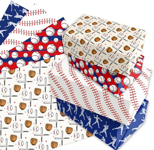 12 Blätt Baseball Geschenkpapier Sport,Doppelseitig Bedrucktes Geschenkpapier 4 Arten Blatt für Jungen Mädchen Geburtstag Abschlussfeier Baseball Geburtstag Party